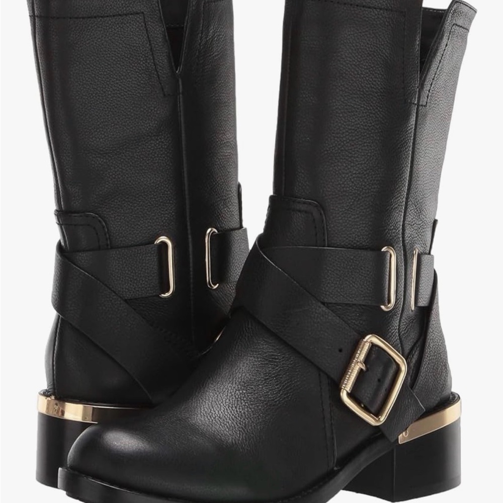 Vince Camuto Black Leather Moto Boots with Gold Accents